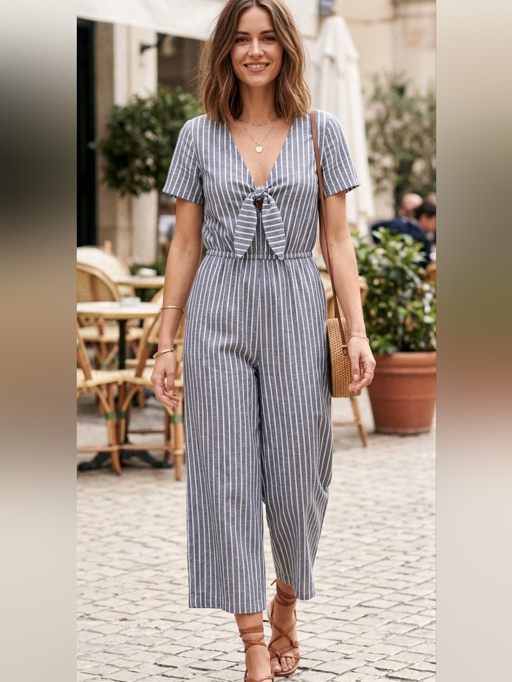Potter's Pot Wide Leg Crop Jumpsuit Tie Front Blue Sriped Size Small